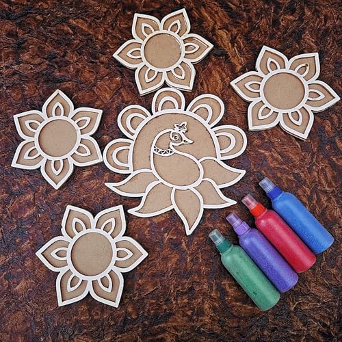 DIY Wooden MDF Rangoli KIT with Rangoli Colors | Tea Light Rangoli KIT| Rangoli Powder,Diwali Decorations, 3 D Rangoli Stencils (Peacock Rangoli kit Set of 5) - style: peacock rangoli kit set of 5