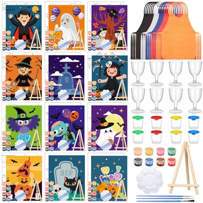 Sherr 96 Pcs Pre Drawn Canvas Kit 12 Sets with Easel Apron,Halloween | Adult Painting Party Set with Brushes Paints Wine Glasses, 8x10 Ready to Paint, DIY Craft for Paint Parties and DIY Crafts - style: Halloween