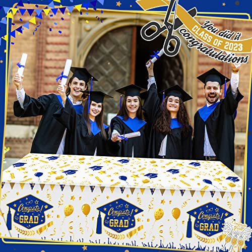 Kinlop 3 Pcs Graduation Tablecloths Class of 2026 Graduation Party Decoration Supplies 51 x 108 Plastic Congrats Grad Table Covers Disposable Graduate Tablecloths(Blue, Gold) - color: Blue, Gold
