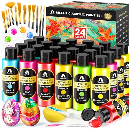 40 Pcs Metallic Acrylic Paint Set with 12 Brushes, 2 Knives & Palette, 24 Colors (2oz/60ml) - for Adults, Kids, Artists & Beginners - Canvas Ceramic Rock Wood Pumpkin Painting Kit - color: Metallic, size: 2 Fl Oz (Pack of 24)