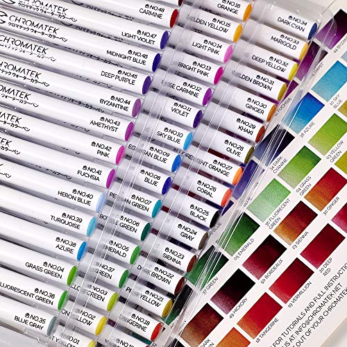 CHROMATEK 54 Watercolor Pens Set | Including 15 Page Pad & Online Video Tutorial Series | 4 Aquapens & 50 Unique Colors | Brush Pens | Easily Blendable, Vivid, Smooth | Professional Art Supplies - size: 1 Count (Pack of 54)