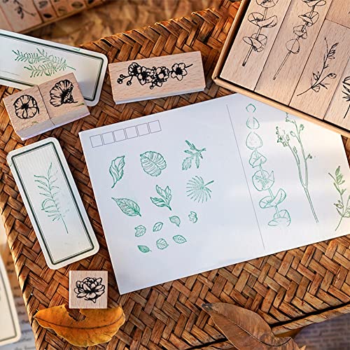 22 Pcs Plant Wooden Rubber Stamp Set for DIY Craft Projects | Crisp imprint detail, Natural wood handle, Sturdy stamping surface - color: Plant 1