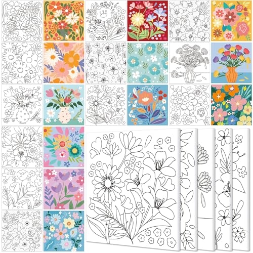 Teling 12 Pcs Pre Drawn Stretched Canvas Kit for Adults Painting Pre Printed Canvas Outline for DIY Painting Party Favor,6 x 6 x 0.6 Inches(Flower) - style: Flower