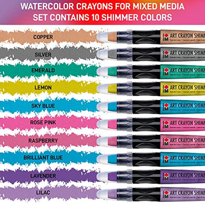 Marabu Art Crayons Shimmer Set - 10 Highly Pigmented Metallic Watercolor Crayons - Smooth and Easy Blending Water Soluble Crayons for Mixed Media Artists - Arts and Crafts for Adults