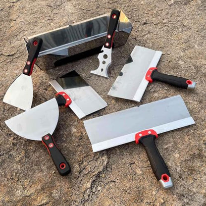 Drywall Knife Set, 7 Pcs Stainless Steel Tools Kit | Putty Knives Tapping Knife Multi-purpose Paint Scrapers with Mud Pan for Drywall Work - color: Black - a Set