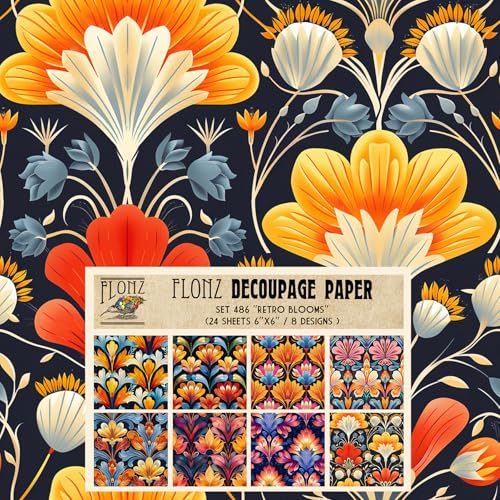 Decoupage Paper Pack (24 Sheets 6"x6") Retro Blooms: Vibrant and Colorful Art Deco Flower Designs for Stunning Crafting Projects and Decorations # Vintage Styled Paper for Craft and Scrapbooking - color: FiftyOne