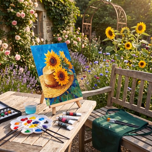 Cholemy 6 Set Paint and Sip Kit for Adults 8"x 10" Pre Drawn Canvas Painting with Wooden Easel Acrylic Paint Wash Cup Brushes Palette Apron for Painting DIY Adult's Date Party Supplies(Sunflower) - style: Sunflower