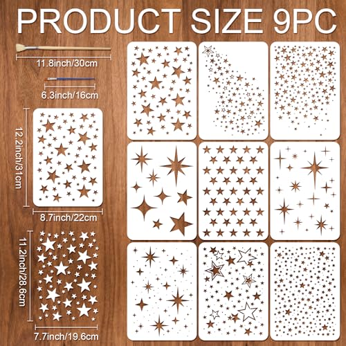 9pcs Star Stencils for Painting Plastic Twinkle Stars Drawing Stencils for Crafts Reusable Templates with Brushes Painting on Wood Wall Furniture Card Canvas Fabric Scrapbook Photo Album - style: Star