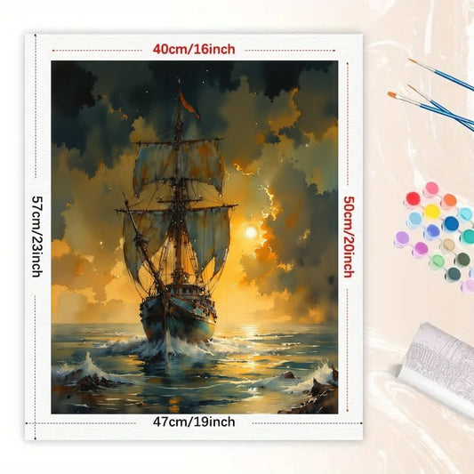 Nautical Paint by Numbers Kit for Adults - DIY Tall Ship Sailing at Sunset Painting on Canvas 16x20 Inches, Acrylic Paint Set, Suitable for Beginners, Ocean Art for Home Decoration or Gifts - color: TCXY05383, size: 16X20IN Folded