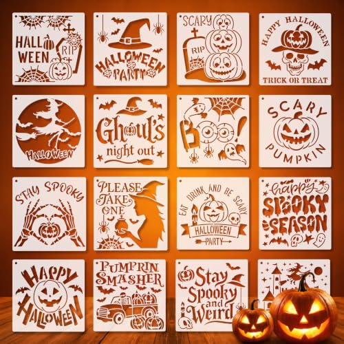 16 Halloween Quote Stencils for Candy Table Signs, Porch Decor, Party Cards | 6 Inch Reusable PET Sheets for Invite Boards, Tiered Trays, Classroom Signs, and Smooth Surface Lettering - color: Halloween