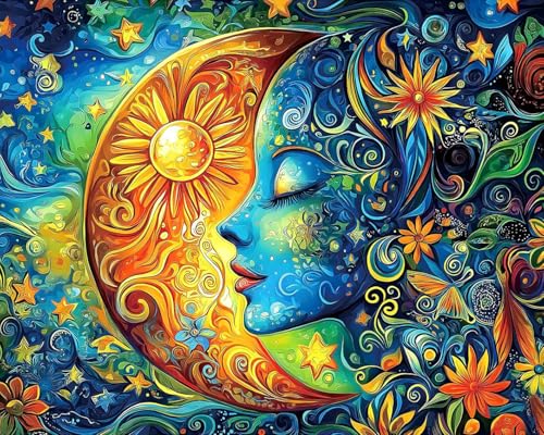Paint by Numbers Kit for Adults, Sun and Moon Number Painting, 16 x 20 Inch | DIY Adult Paint by Number Kit on Canvas for Beginners, without Frame, Fantasy Wall Decor, Stress Relief Craft Gift - color: TRTDNF1P313