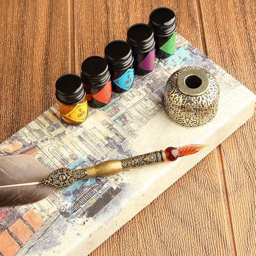Feather Glass Dip Pen and Ink Set, Glass Calligraphy Pen with 5 Colors Ink and Pen Holder for Writing Drawing– MU-21