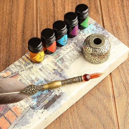 Feather Glass Dip Pen and Ink Set, Glass Calligraphy Pen with 5 Colors Ink and Pen Holder for Writing Drawing– MU-21