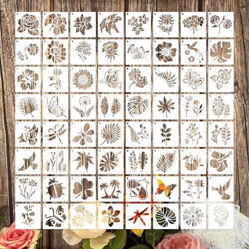 Flower Stencils for Painting, 64 Pcs 3 Inch for Cards Journals Rocks | Reusable & Easy to Clean, Gift Tags & Mini Wood Signs, Kids Art & Family Crafts, Scrapbooks, Beginner Friendly - color: Flower