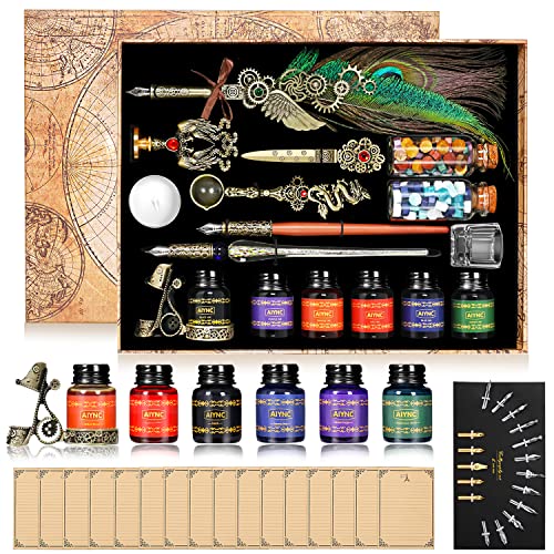 Quill Pen and Ink Set, Feather Pen Ink Set, Wax Seal Stamp Kit, Calligraphy Set, Valentine's Day Gifts for Writing Lovers Birthday Gifts, Ideal Calligraphy Gifts for Holidays(Peacock Feather) - color: Peacock Feather