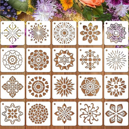 JULMELON 20Pcs Mandala Stencils 3 Inch, Reusable for Rock Wood Painting | Plastic Reusable, for DIY Art Projects Fabric Canvas Wall, Mandala Rock Painting Stencils - style: Mandala Stencils