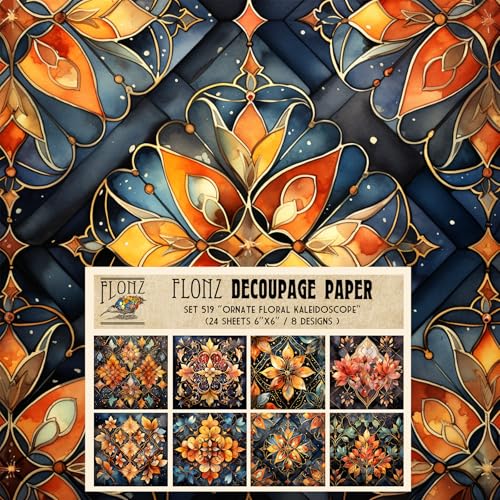 Decoupage Paper Pack (24 Sheets 6"x6") Ornate Floral Kaleidoscope: Radiant Watercolor Damask Patterns with Rich Hues for Artistic Inspiration # Vintage Styled Paper for Craft and Scrapbooking - color: FiftySix