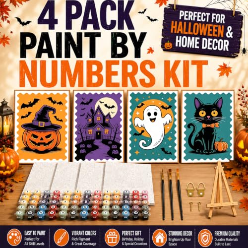 HITO 4 Pack Halloween Paint by Numbers Kit for Kids 6-8-12 with Frame Easel | Halloween Paint by Numbers for Kids,Beginner Painting with Number DIY Acrylic Oil Painting Kits for Home Wall Decor 8X12 inch - color: BKH2742-2745-US
