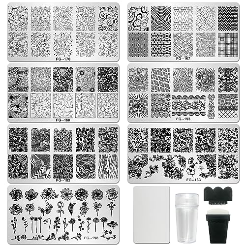AddFavor Nail Stamper Kit 7pcs Nail Stamping Plates Geometric Mandala Flower Nail Stencils with 2 Stamp and 2 Scraper for Home Salon Manicure Design Supplies Tools - color: Style C