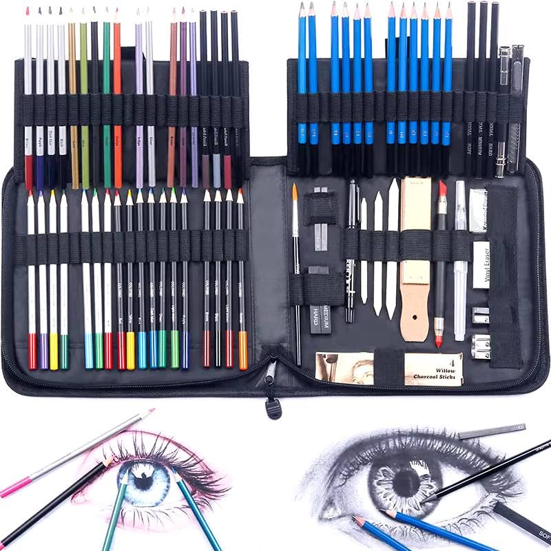 Professional Drawing Art Set, 83 Pieces with Travel Bag, Sketching, Colored Pencils, Charcoal Sticks, Blending Tools