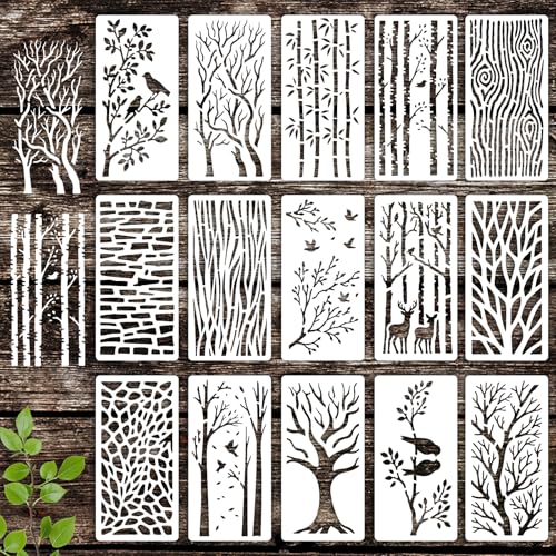 INFUNLY 15Pcs Tree Wall Stencil for Painting 3.9×7.87" Reusable Branches Wall Stencils Bird Texture Painting Stencil Small Walls Templates for Card Making Cement Wood Furniture Nursery Bedroom Decor - style: 15PCS Tree
