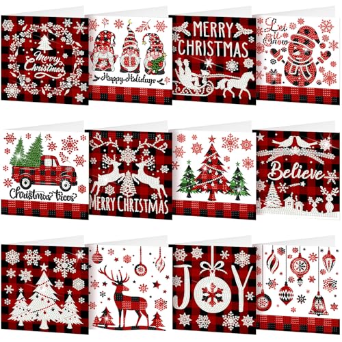 Saillong 12 Pack Christmas Diamond Painting Greeting Card Kits DIY Red Plaid Christmas Diamond Art Cards with Envelopes Xmas 5D Rhinestones Painting for Adults DIY Craft Family Friend Xmas Gifts - color: Plaid Christmas