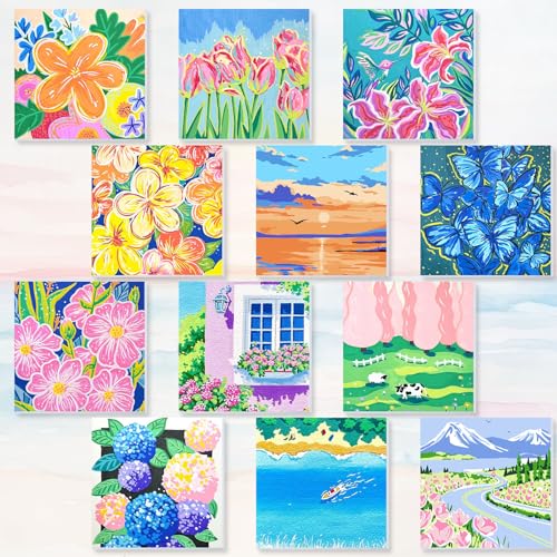 Nezyo 12 Sets Paint by Numbers with Frame for Adults, DIY Acrylic 8x8in | Beginner-friendly Canvas Kits, Party Activity or Birthday Gifts, Includes Brushes with Paints, Pre-framed Ready to Hang - style: Landscape