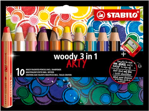 STABILO Multi-Talented Pencil woody 3 in 1 ARTY - Pack of 10 - Assorted Colors with Sharpener