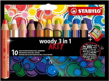 STABILO Multi-Talented Pencil woody 3 in 1 ARTY - Pack of 10 - Assorted Colors with Sharpener