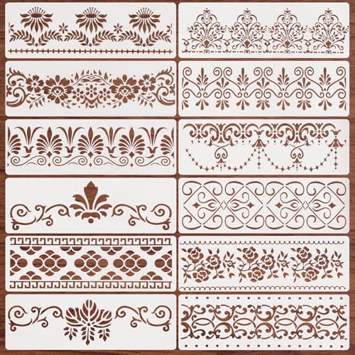 12 Pcs Border Stencils for Painting Mandala Flower Stencil Template Retro Reusable Furniture Cake Decorative Stencils Border for Wood DIY Craft Canvas Fabric - style: Mandala Style