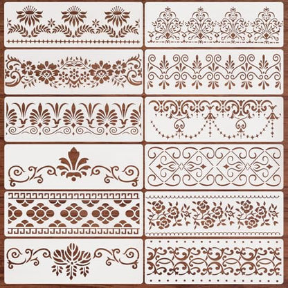 12 Pcs Border Stencils for Painting Mandala Flower Stencil Template Retro Reusable Furniture Cake Decorative Stencils Border for Wood DIY Craft Canvas Fabric - style: Mandala Style