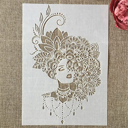 TIAMECH A4 Reusable Mandala Lady Stencil for Painting | Jewellery Flower Hairstyle Lady Layering Template, DIY Wall Art, Wood Furniture, Scrapbook & Crafts (8.3x11.7inch) - style: Jewellery Girl