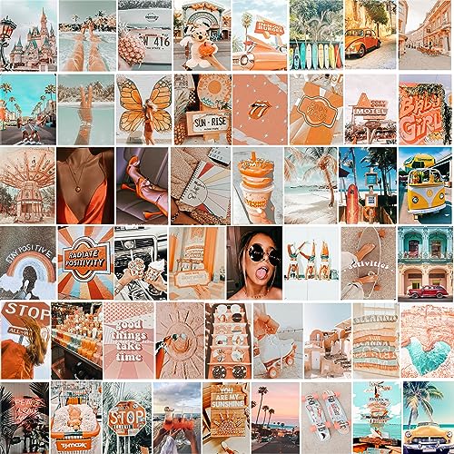 Michgar Wall Art Kit, 50 Pcs 4x6 inch Aesthetic Posters for Bedroom Decor, Waterproof Photo Collage for Teen Girls, Glossy Finish, Wall Mount, Orange - color: orange