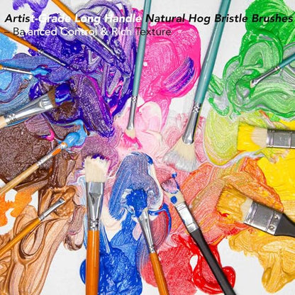 14 Paint Brushes Set with Brush Holder, Includes Hog Bristle & Weasel Hair Brushes for Oil, Acrylic, and Watercolor, Rotating Metal Clamp Convenient Storage and Positioning During Painting