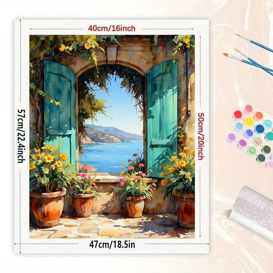Mediterranean Paint by Numbers Kit for Adults - DIY Seaside View Through Window Painting on Canvas 16x20In, Acrylic Paint Set, Suitable for Beginners, Art for Home Decoration or Gifts - color: HSX02508, size: 16X20IN Folded