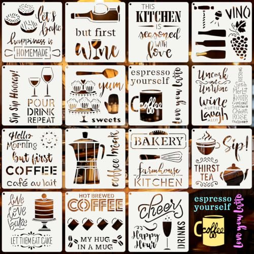 Kitchen Stencils for Crafts Reusable 15Pcs Stencils(5.9X5.9 Inch) | DIY Art Painting Stencil Furniture Decor Kit for Wood Embroidery Wall Silk Screen Journaling - color: Kitchen