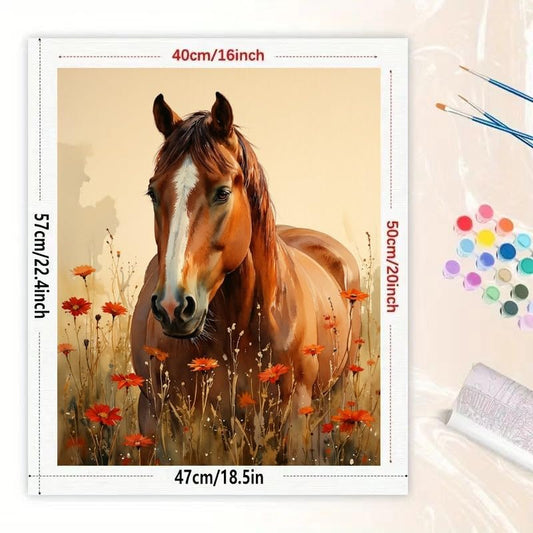 Animal Paint by Numbers Kit for Adults - DIY Brown Horse in Wildflower Field Painting on Canvas 16x20In, Acrylic Paint Set, Suitable for Beginners, Art for Home Decoration or Gifts - color: HSX02834, size: 16X20IN Folded