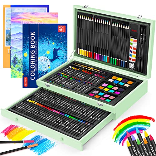 iBayam Art Supplies, 150-Pack Deluxe Wooden Art Set Drawing Painting Kit | with 1 Coloring Book, 2 Sketch Pads, Creative Crafts Gift Box for Adults Artist Beginners Kids Girls Boys - color: Green
