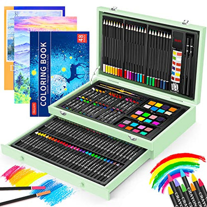 iBayam Art Supplies, 150-Pack Deluxe Wooden Art Set Drawing Painting Kit | with 1 Coloring Book, 2 Sketch Pads, Creative Crafts Gift Box for Adults Artist Beginners Kids Girls Boys - color: Green