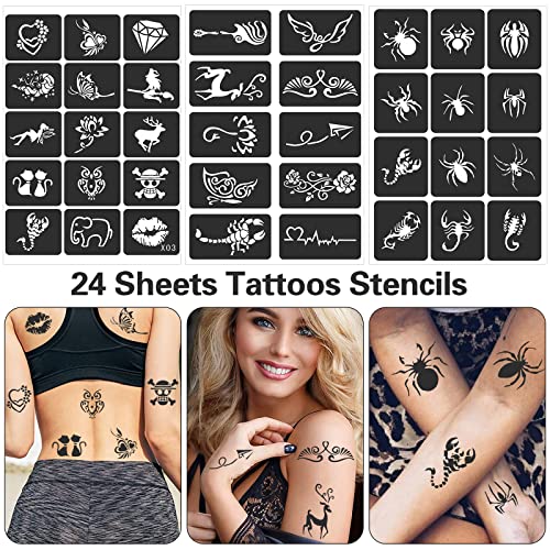 24 Sheets Henna Stencils for Kids Teens Adults | 400+ Reusable Tattoo Stencils, Glitter Tattoo Stencils For Face Hand Back