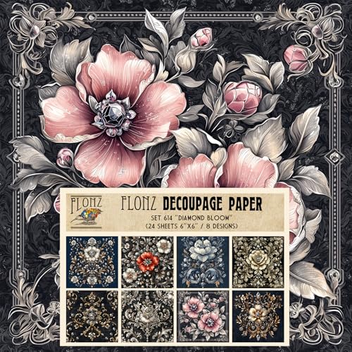 Decoupage Paper Pack (24 Sheets 6"x6") Diamond Bloom: Luxurious Floral Illustrations with Sparkling Accents Ideal for Stylish Craft and Paper Design Projects # Vintage Styled Paper for Craft - color: ThirtySeven