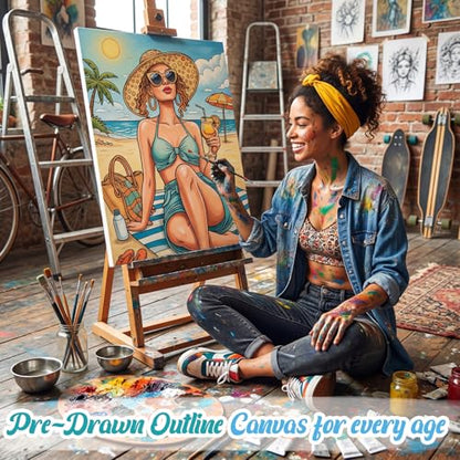 Sherr 285 Pcs 30 Sets Sip and Paint Kit for Adults,Summer | Pre Drawn Canvas to Paint for Adults, Acrylic Paints, Brushes, Easels, Date Night, Birthday Party Gifts - style: Summer Lady