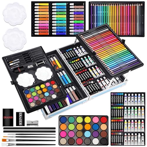 Halobios Art Supplies, 144-Piece Deluxe Art Set Professional Art Kit with Portable Aluminum Case, Crafts Drawing Painting Kit for Gifts Adults Kids Artists