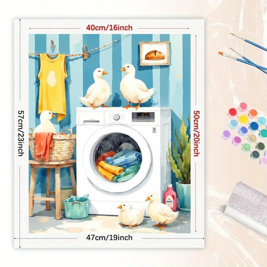 Funny Paint by Numbers Kit for Adults - DIY Ducks in Colorful Laundry Room Painting on Canvas 16x20 Inches, Acrylic Paint Set, Suitable for Beginners, Whimsical Art for Home Decoration/Gifts - color: FM05209, size: 40×50cm Unframed