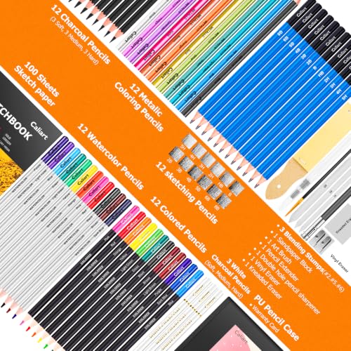 Caliart 176PCS Art Supplies Sketching Kit, 100 Sheets 3-Color Sketch Book - color: Black