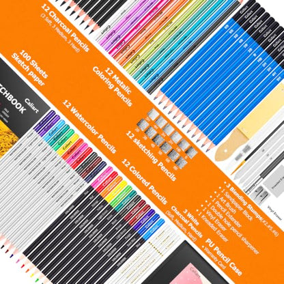 Caliart 176PCS Art Supplies Sketching Kit, 100 Sheets 3-Color Sketch Book - color: Black