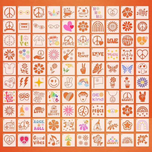 Fainne 100 Pcs 2 Inch Groovy Party Stencils Small Stencils for Painting | Reusable Craft Stencils, DIY Scrapbook, Wood Wall Fabric Rock Chalkboard Sign Painting, Home Art Decor Projects - style: Groovy Party