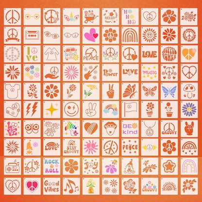 Fainne 100 Pcs 2 Inch Groovy Party Stencils Small Stencils for Painting | Reusable Craft Stencils, DIY Scrapbook, Wood Wall Fabric Rock Chalkboard Sign Painting, Home Art Decor Projects - style: Groovy Party