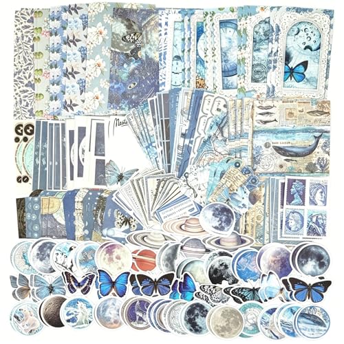 Esweny 200PCS Vintage Scrapbooking Supplies Pack, Aesthetic Scrapbook Sticker Paper Art Journaling Kit for Junk Journals,Planner,Cottagecore Decor Gifts (Blue Series) - color: Blue Series
