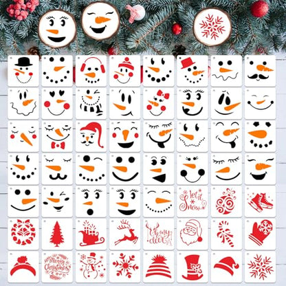 Augshy 56 Pack Christmas Snowman Face Stencils, Reusable 3 Inch | Plastic Paint Stencils, for Christmas Crafts Scrapbooking Wall Floor Decor, DIY Rock Painting Art Projects, Small Templates - style: Snowman